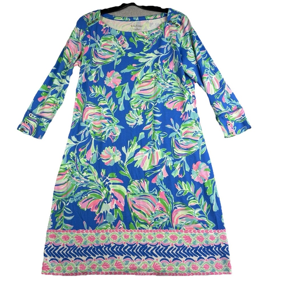 Lilly Pulitzer Sophie Dress Womens M Blue Flare Fancy Fins Floral Stretch Sheath